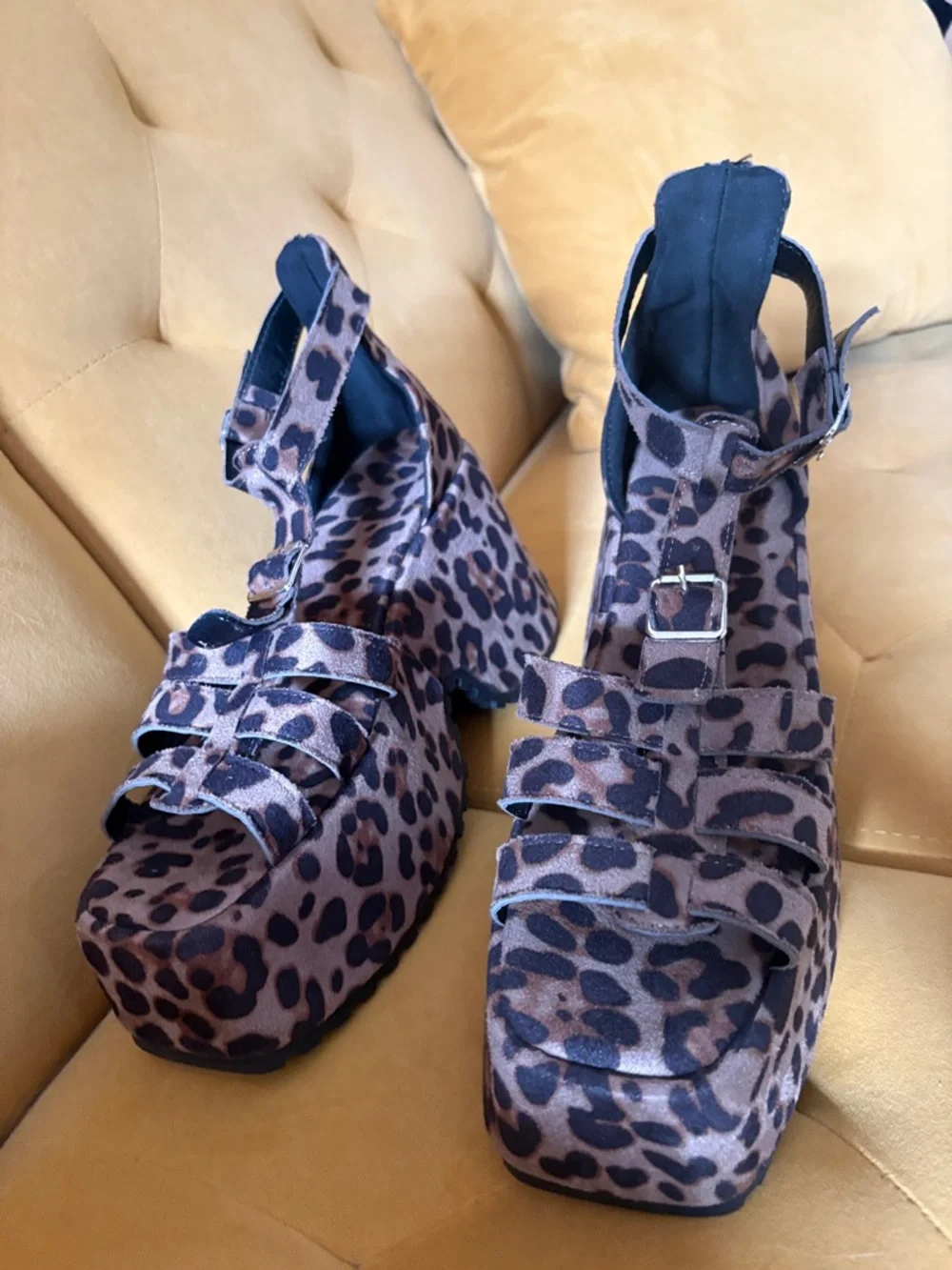 Dolls Kill Leopard Print Platform Sandals - Tan and Black